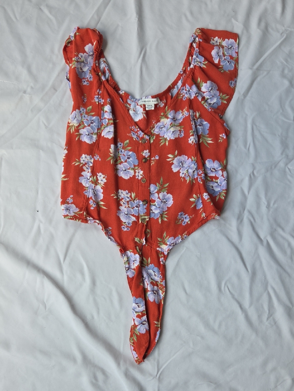 American Eagle Red Floral Scoop-Neck Top with Lavender Blooms